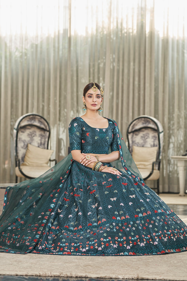 Teal Green Silk Lehenga with Exquisite Thread & Sequin Embroidery