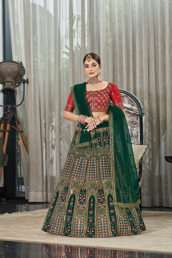 Green Georgette & Silk Lehenga with Thread & Sequin Embroidery