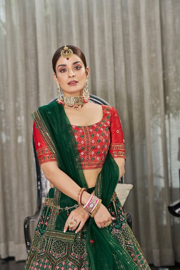 Green Georgette & Silk Lehenga with Thread & Sequin Embroidery