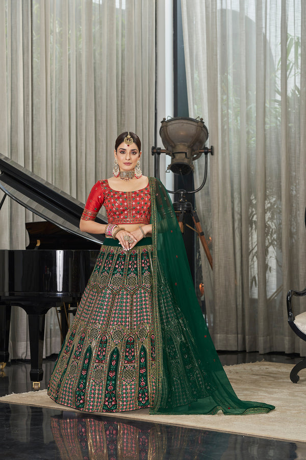 Green Georgette & Silk Lehenga with Thread & Sequin Embroidery