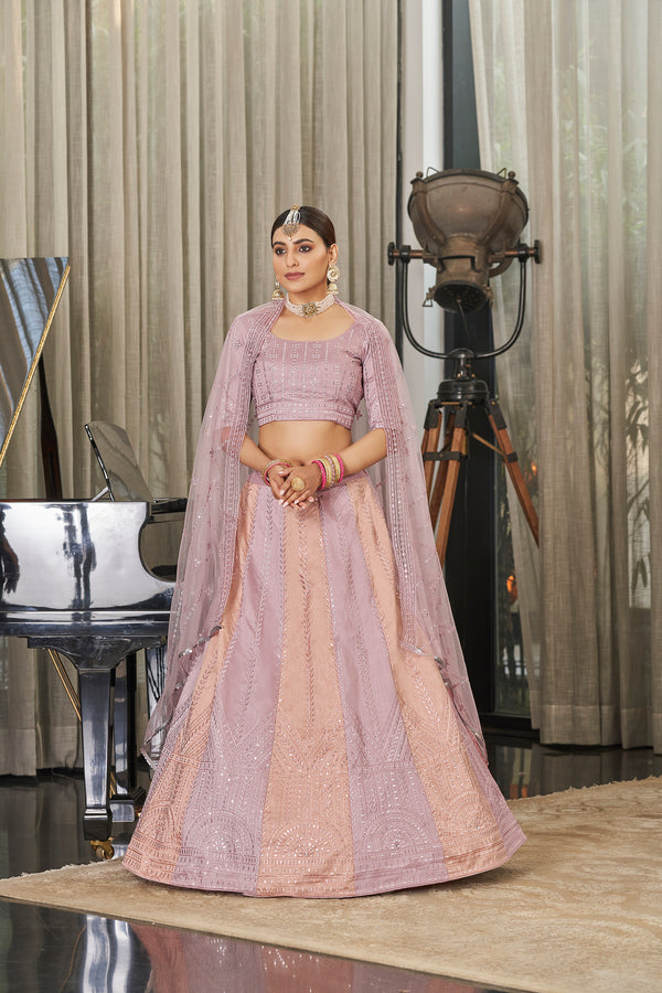 Pink & Peach Art Silk Lehenga with Thread & Sequin Embroidery