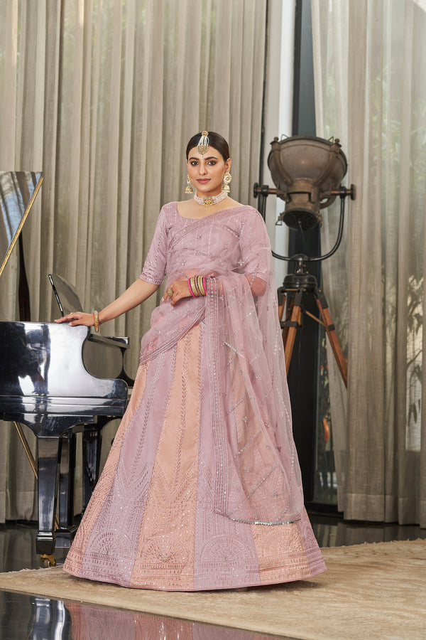 Pink & Peach Art Silk Lehenga with Thread & Sequin Embroidery