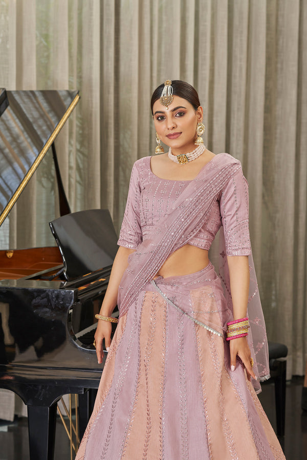 Pink & Peach Art Silk Lehenga with Thread & Sequin Embroidery