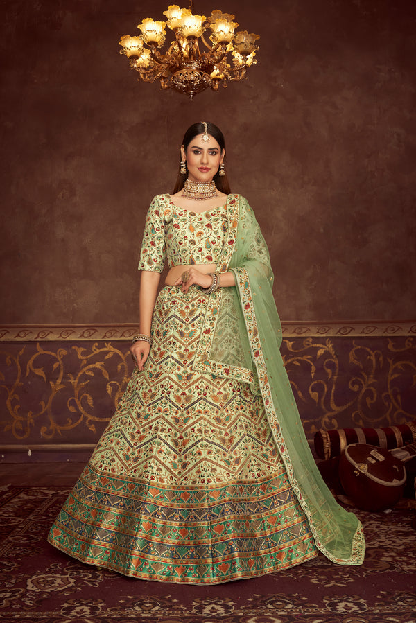 Mint Green Art Silk Lehenga with Embroidery, Print & Diamond Work