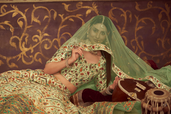 Mint Green Art Silk Lehenga with Embroidery, Print & Diamond Work