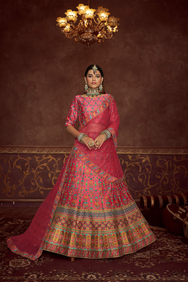 Pink Art Silk Lehenga with Printed & Diamond Embroidered Work