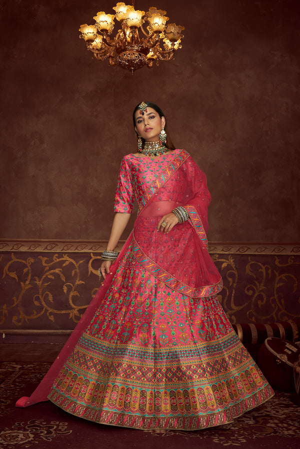Pink Art Silk Lehenga with Printed & Diamond Embroidered Work