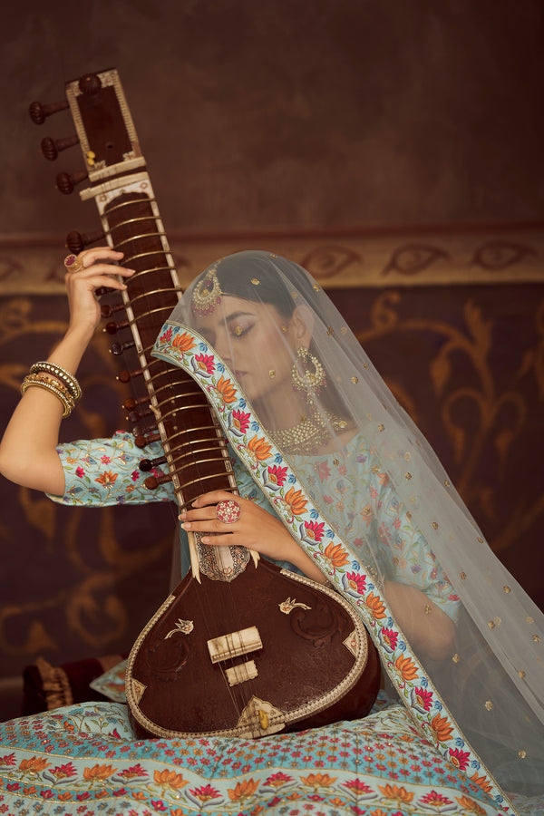 Sky Blue Art Silk Lehenga with Printed & Diamond Embroidered Work