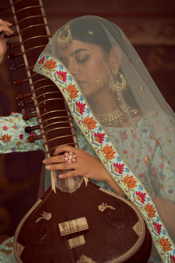 Sky Blue Art Silk Lehenga with Printed & Diamond Embroidered Work