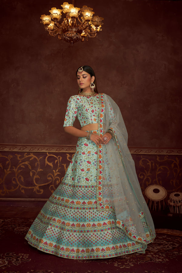 Sky Blue Art Silk Lehenga with Printed & Diamond Embroidered Work