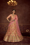 Peach Art Silk Lehenga with Printed & Diamond Embroidered Work And Net Dupatta