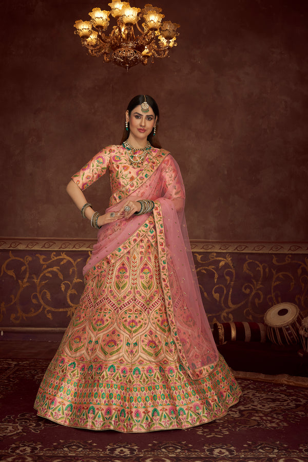 Peach Art Silk Lehenga with Printed & Diamond Embroidered Work And Net Dupatta