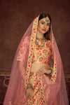 Peach Art Silk Lehenga with Printed & Diamond Embroidered Work And Net Dupatta