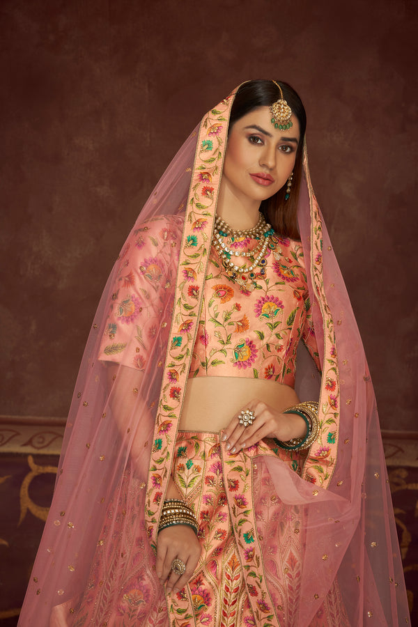 Peach Art Silk Lehenga with Printed & Diamond Embroidered Work And Net Dupatta