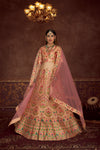 Peach Art Silk Lehenga with Printed & Diamond Embroidered Work And Net Dupatta