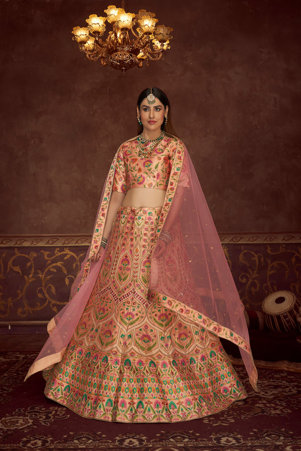 Peach Art Silk Lehenga with Printed & Diamond Embroidered Work And Net Dupatta