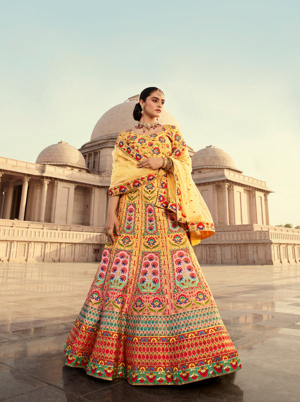 Yellow Art Silk Lehenga with Printed Embroidery & Diamond Work