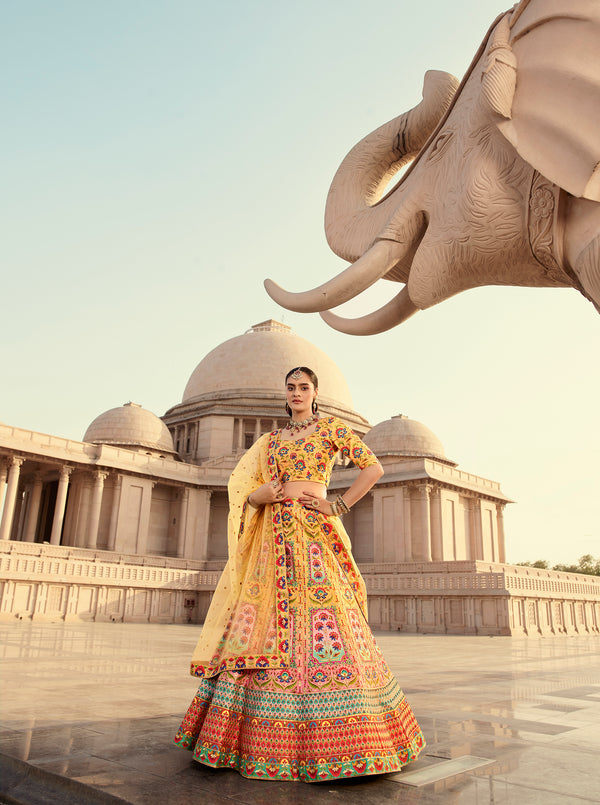 Yellow Art Silk Lehenga with Printed Embroidery & Diamond Work