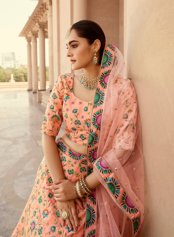 Peach Art Silk Lehenga with Printed Embroidery & Swarovski Work