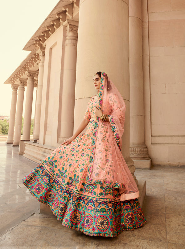 Peach Art Silk Lehenga with Printed Embroidery & Swarovski Work