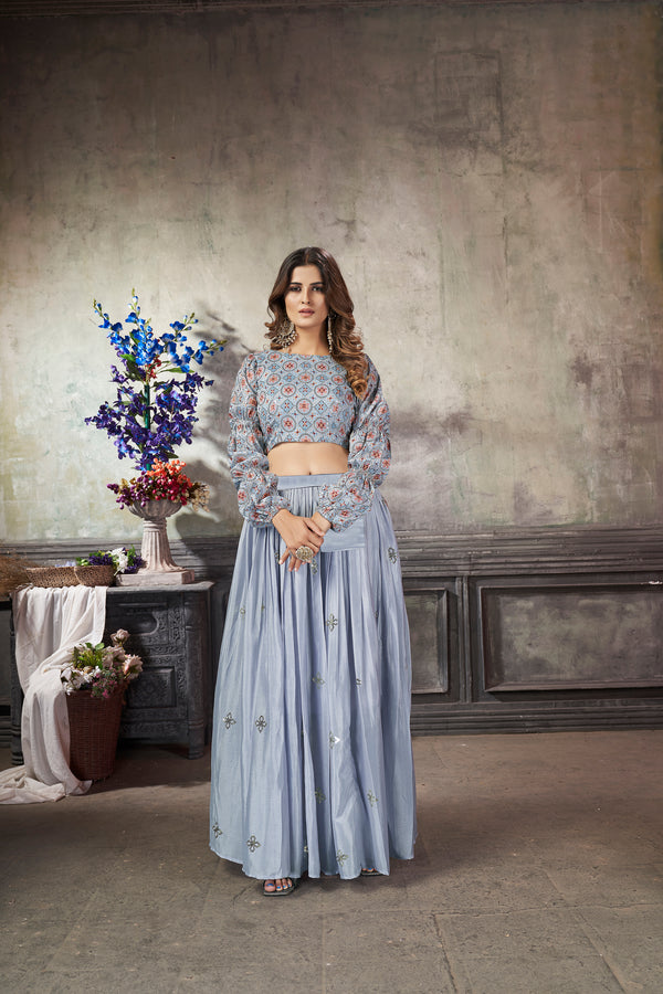 Sky Blue Art Silk Lehenga crafted with print and sequin embroidered work