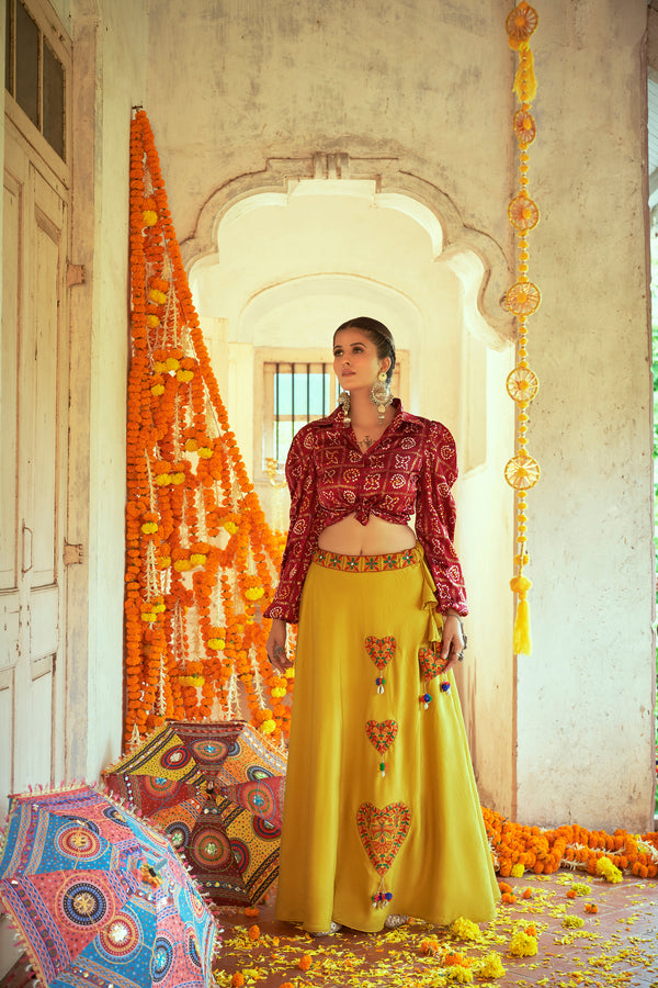 Maroon Gajji Silk Lehenga with Embroidered and Printed Work