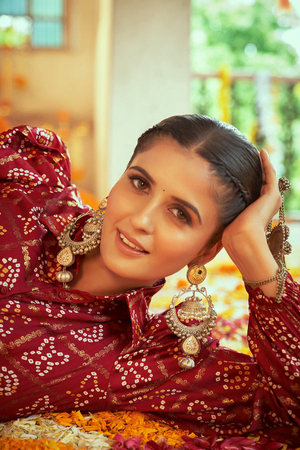 Maroon Gajji Silk Lehenga with Embroidered and Printed Work