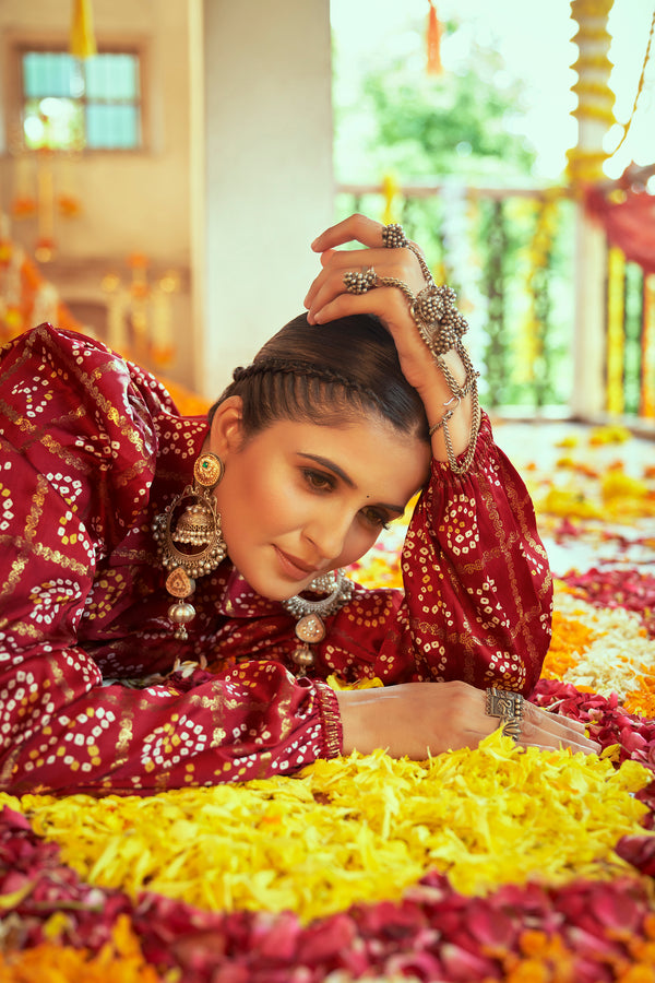 Maroon Gajji Silk Lehenga with Embroidered and Printed Work