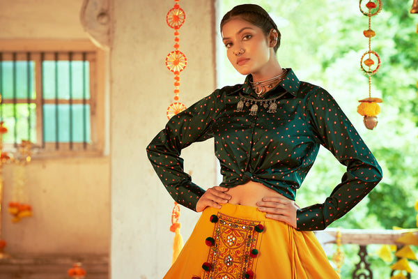 Green Gajji Silk Crop Top Lehenga designer printed work