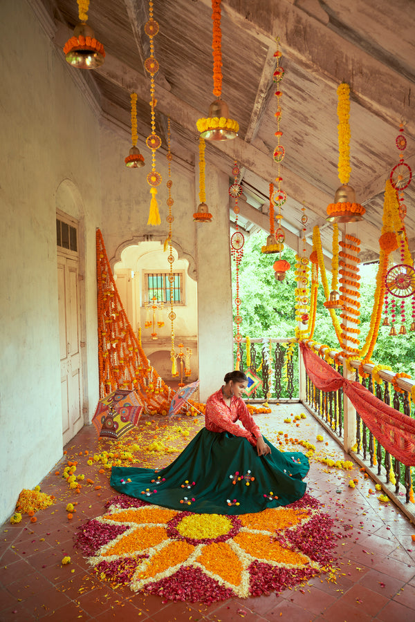 Tomato Red Gajji Silk Lehenga with Printed & Embroidered Work Ready to Wear