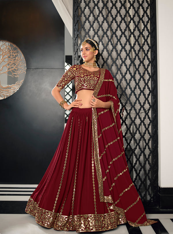Maroon Georgette Lehenga with Thread & Sequins Embroidered Work