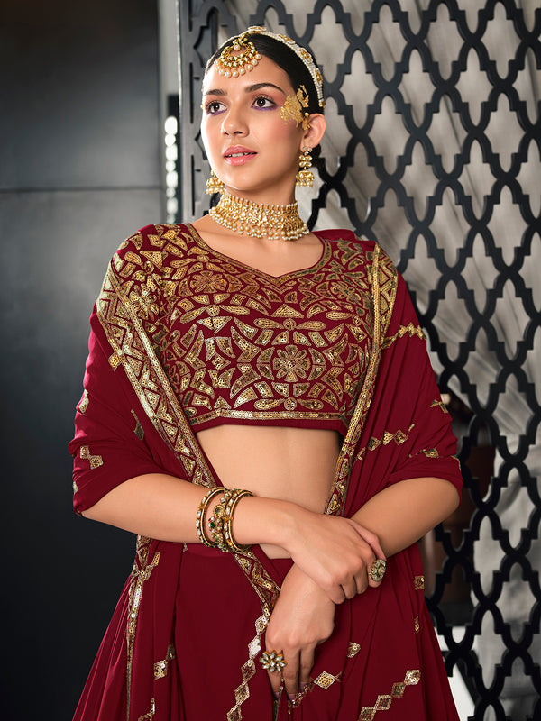 Maroon Georgette Lehenga with Thread & Sequins Embroidered Work
