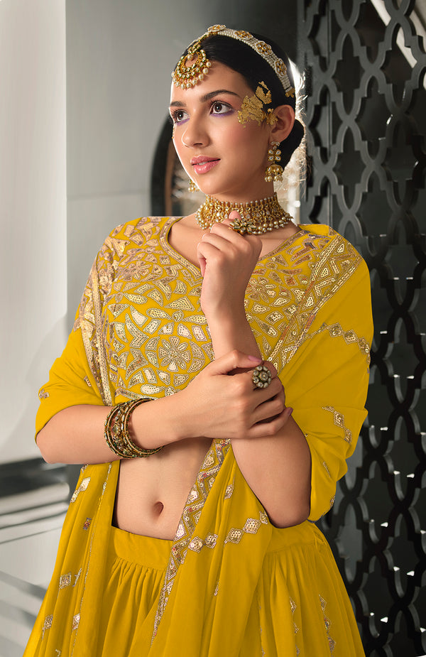 Yellow Georgette Lehenga with Thread & Sequins Embroidered Work