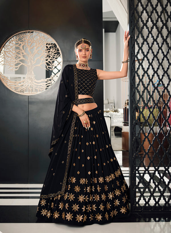 Navy Blue Georgette Lehenga with Thread & Sequins Embroidered Work