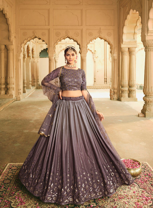 Multi-Color Silk Lehenga with Sequins Embroidery & Net Dupatta