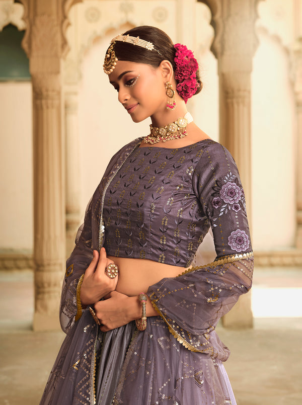 Multi-Color Silk Lehenga with Sequins Embroidery & Net Dupatta