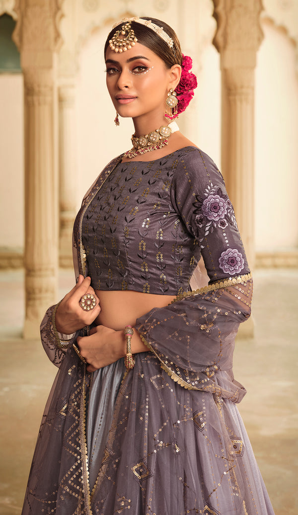 Multi-Color Silk Lehenga with Sequins Embroidery & Net Dupatta