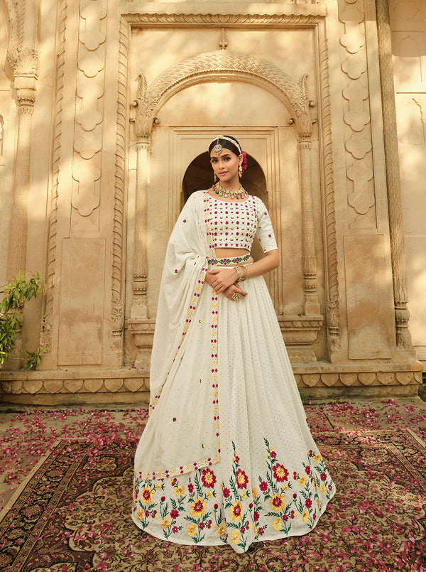 White Georgette Lehenga with Thread & Sequence Embroidery