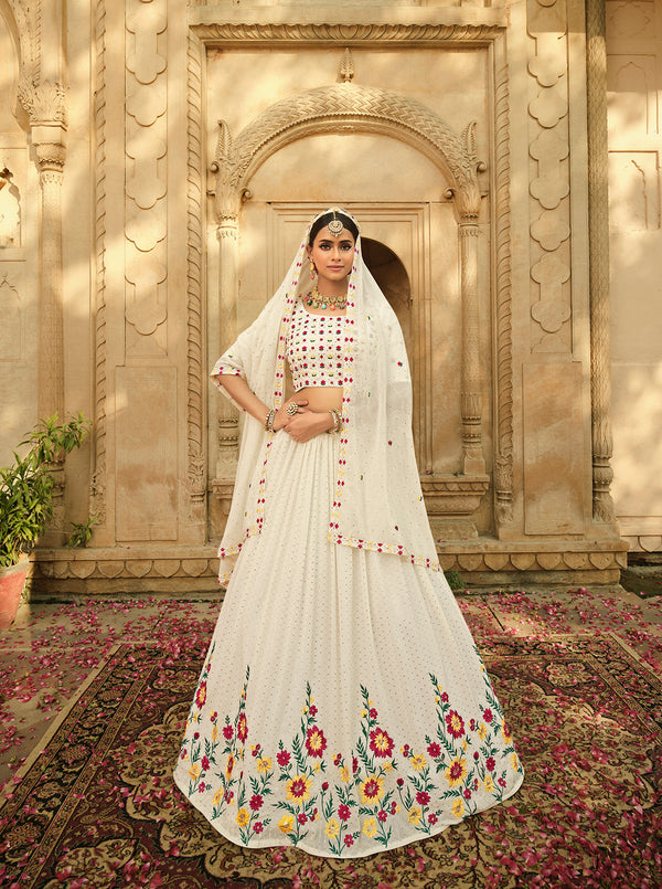 White Georgette Lehenga with Thread & Sequence Embroidery