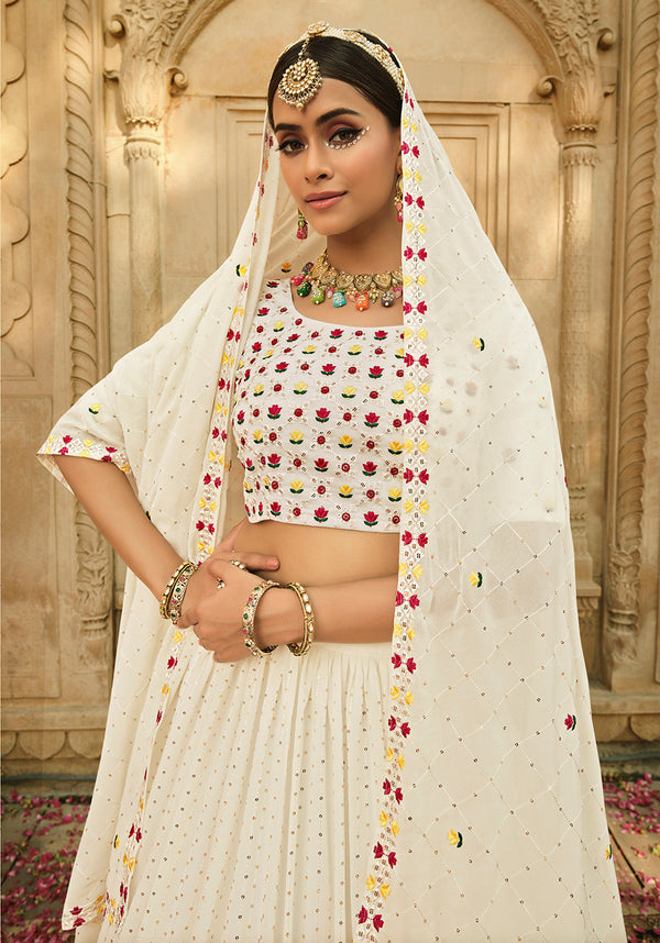 White Georgette Lehenga with Thread & Sequence Embroidery