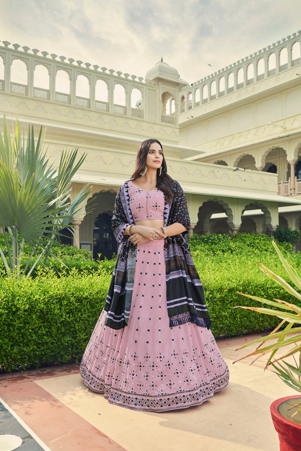 Dusty Pink Georgette & Cotton Lehenga with Thread & Sequence Embroidery and Printed Work