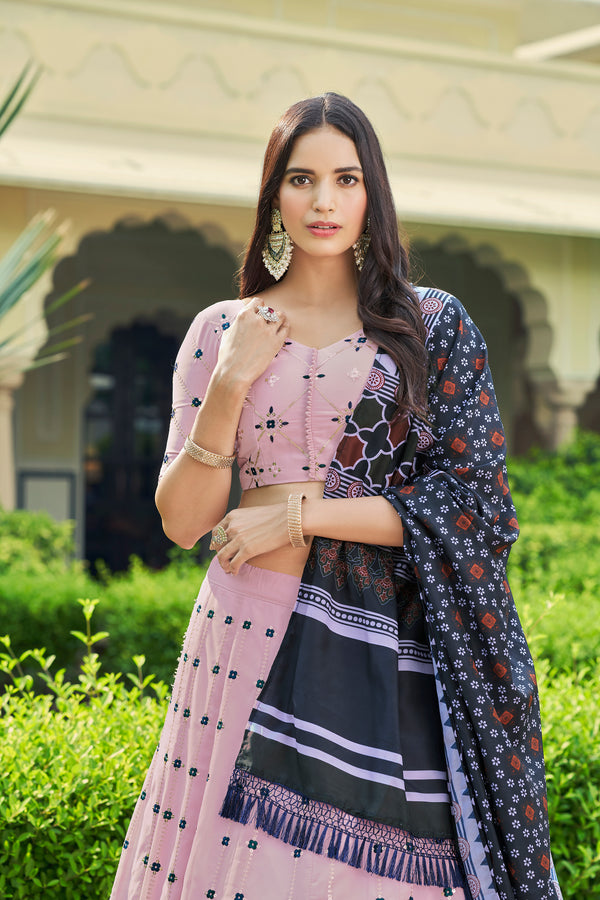 Dusty Pink Georgette & Cotton Lehenga with Thread & Sequence Embroidery and Printed Work