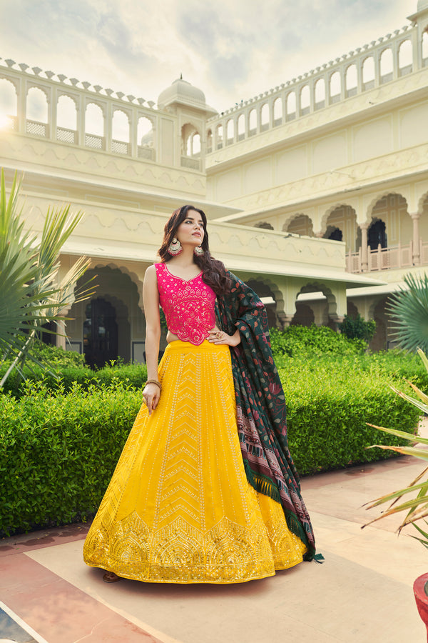 Yellow Silk & Cotton Lehenga with Sequence Embroidery and Printed Work