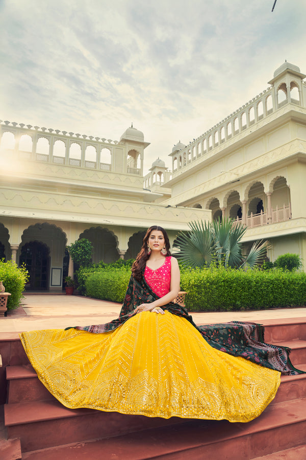 Yellow Silk & Cotton Lehenga with Sequence Embroidery and Printed Work