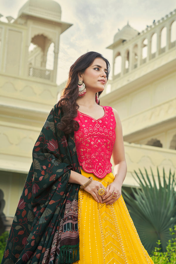 Yellow Silk & Cotton Lehenga with Sequence Embroidery and Printed Work