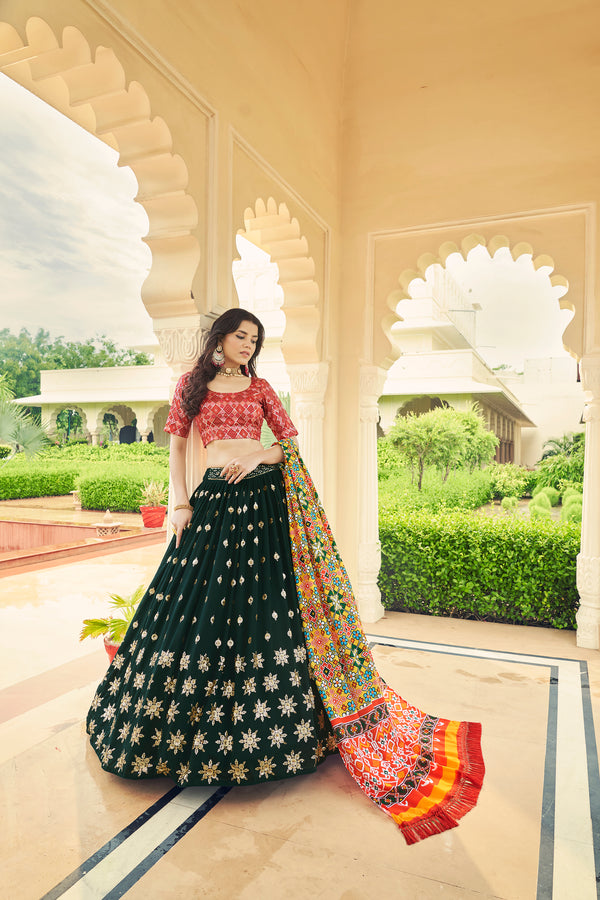 Green Silk & Cotton Lehenga with Sequence Embroidery and Printed Work