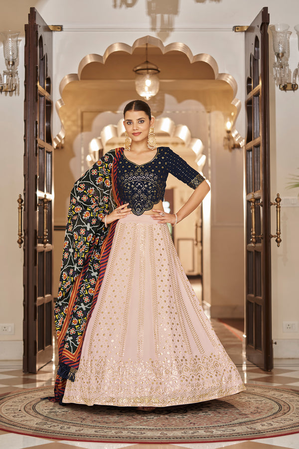 Pink Georgette Lehenga with Sequence Embroidery and Printed Dupatta