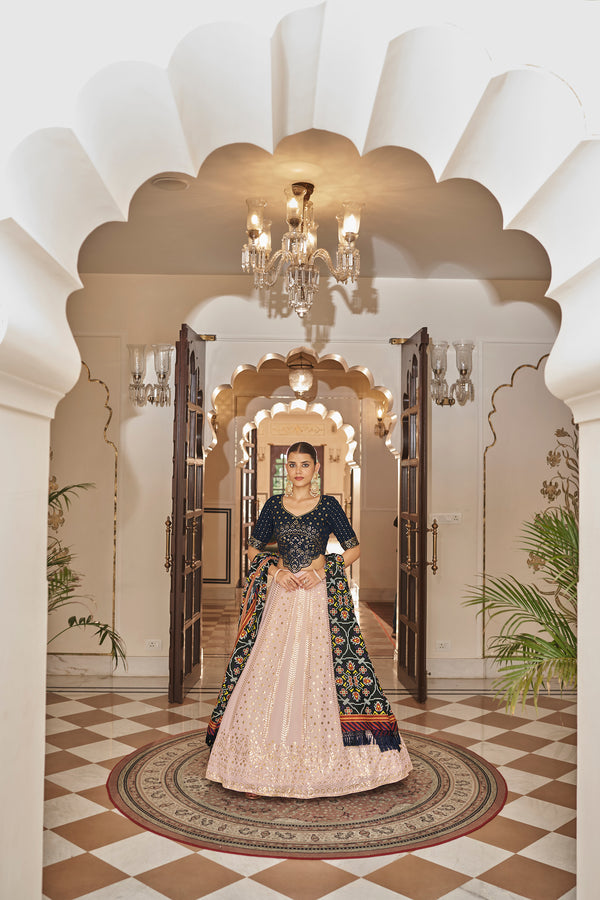 Pink Georgette Lehenga with Sequence Embroidery and Printed Dupatta