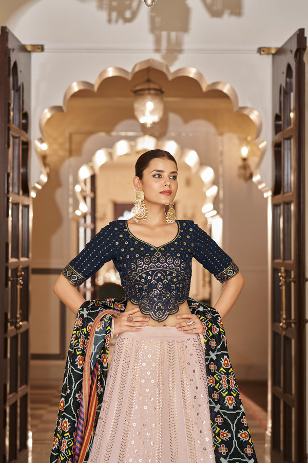 Pink Georgette Lehenga with Sequence Embroidery and Printed Dupatta