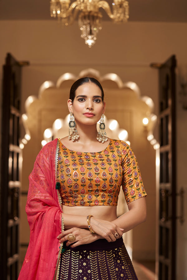 Purple Art Silk Lehenga with Sequence Embroidery & Weaving Dupatta